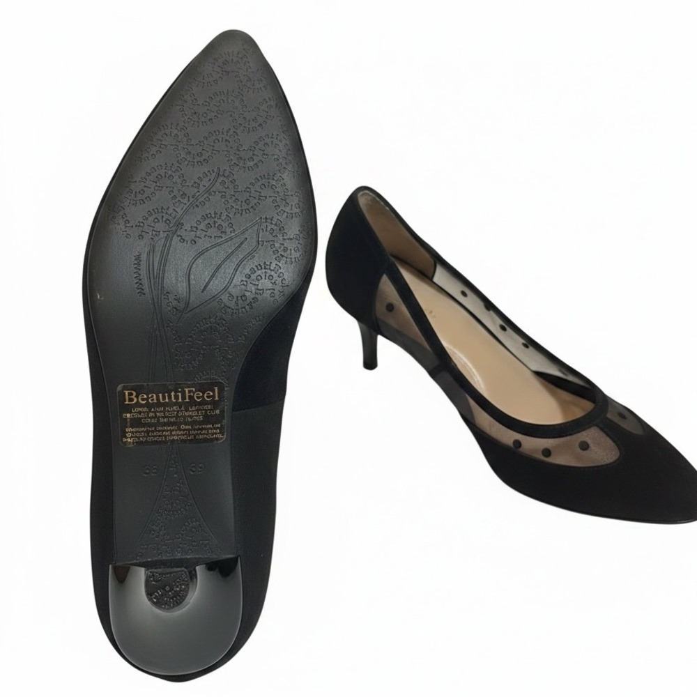 BeautiFeel Black Suede Mesh Polka Dot Kitten Heel Pumps Women's Size 8.5 - Picture 4 of 4